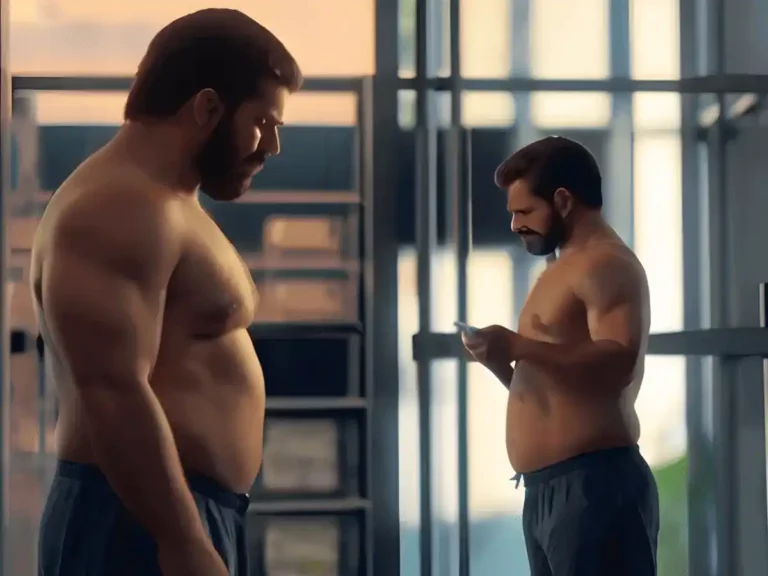 The image depicts a man standing in a room with large windows, facing a mirror that reflects his profile. The man is shirtless, with a sturdy build, and has a beard. He appears contemplative or focused as he looks down at a smartphone he's holding in his hands. His hair is neatly groomed, and he has a full beard. He's wearing loose-fitting, dark blue or black shorts. The room has a modern feel, with a clear view of buildings through the windows, suggesting an urban environment. The lighting in the room is soft and warm, possibly indicative of either sunrise or sunset.